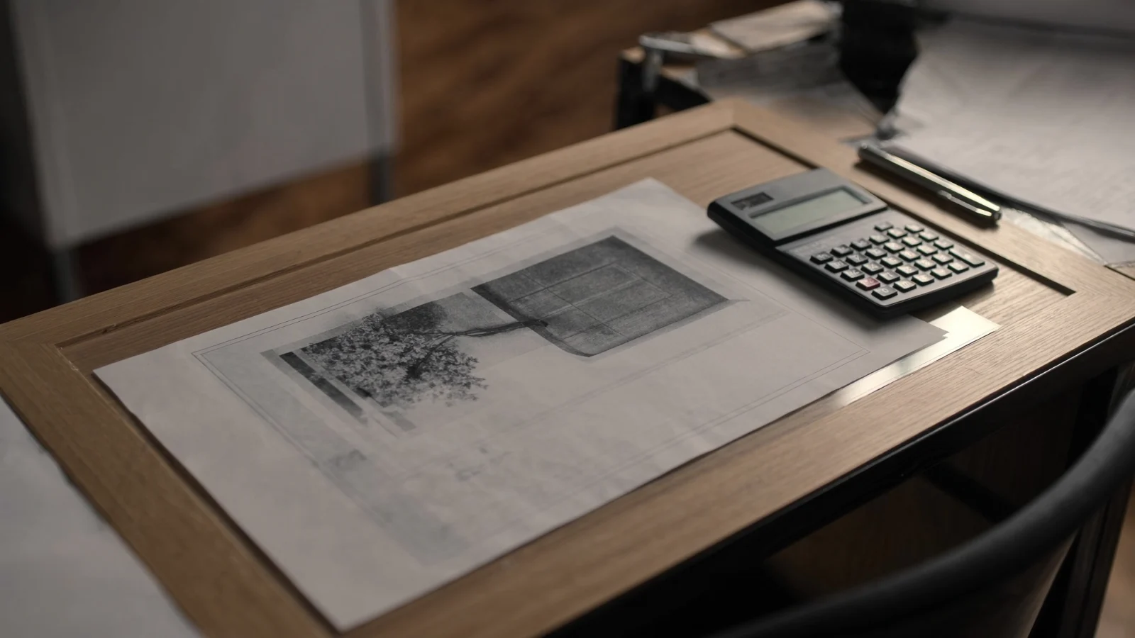 Planta baixa de apartamento sobre a mesa ao lado de uma calculadora