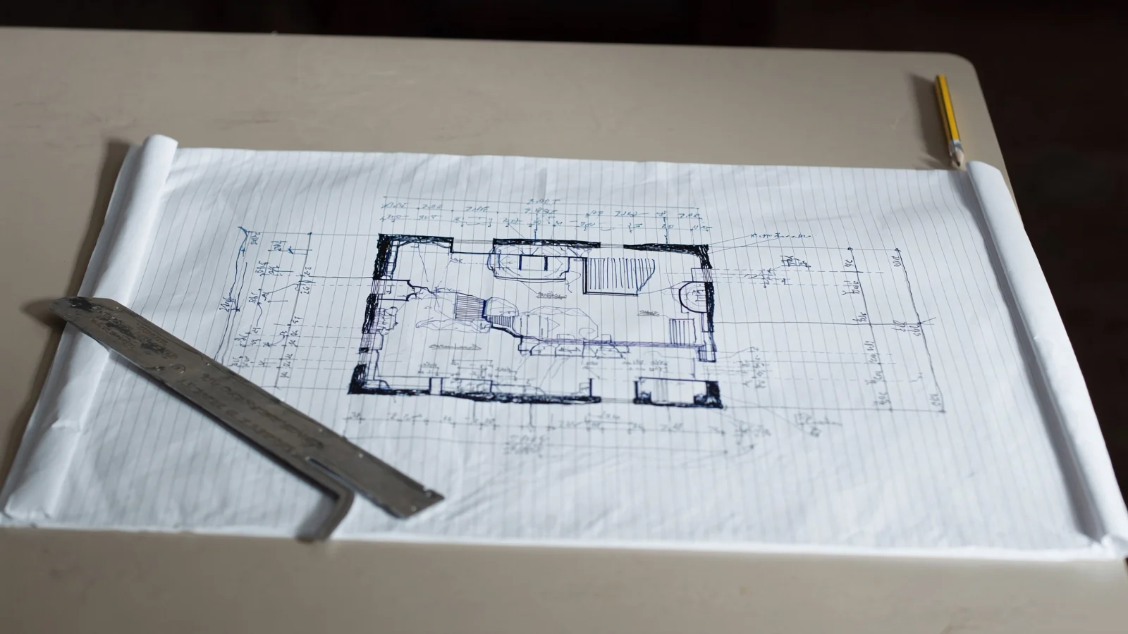 Planta com medidas e documentos técnicos sobre a mesa